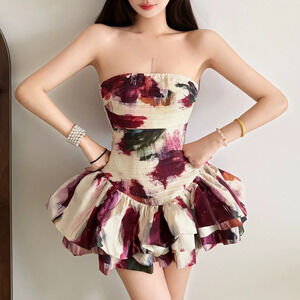 H&M Summer Vintage Oil Painting Abstract Print Puffy Ruffle Dress